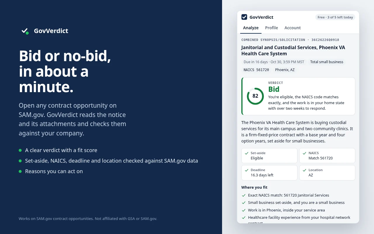 Bid or no-bid, in about a minute. GovVerdict side panel screenshot
