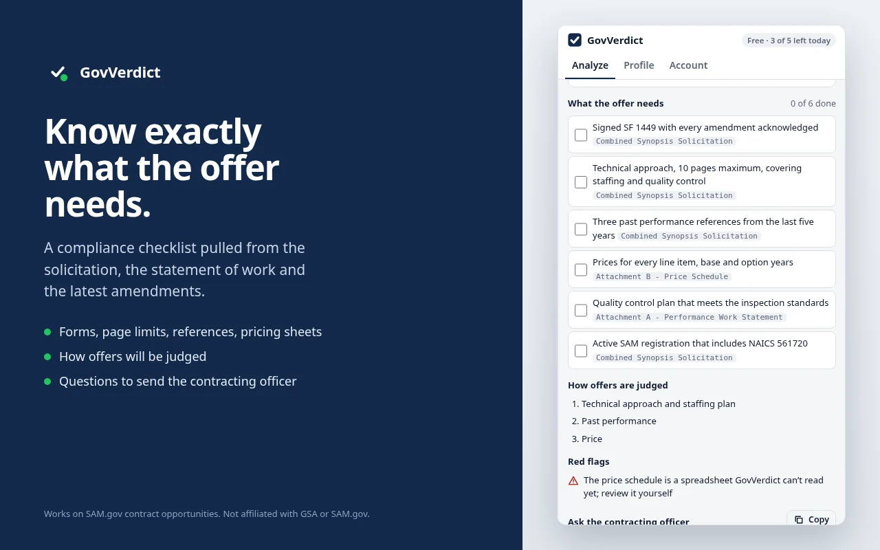 Know exactly what the offer needs. GovVerdict side panel screenshot