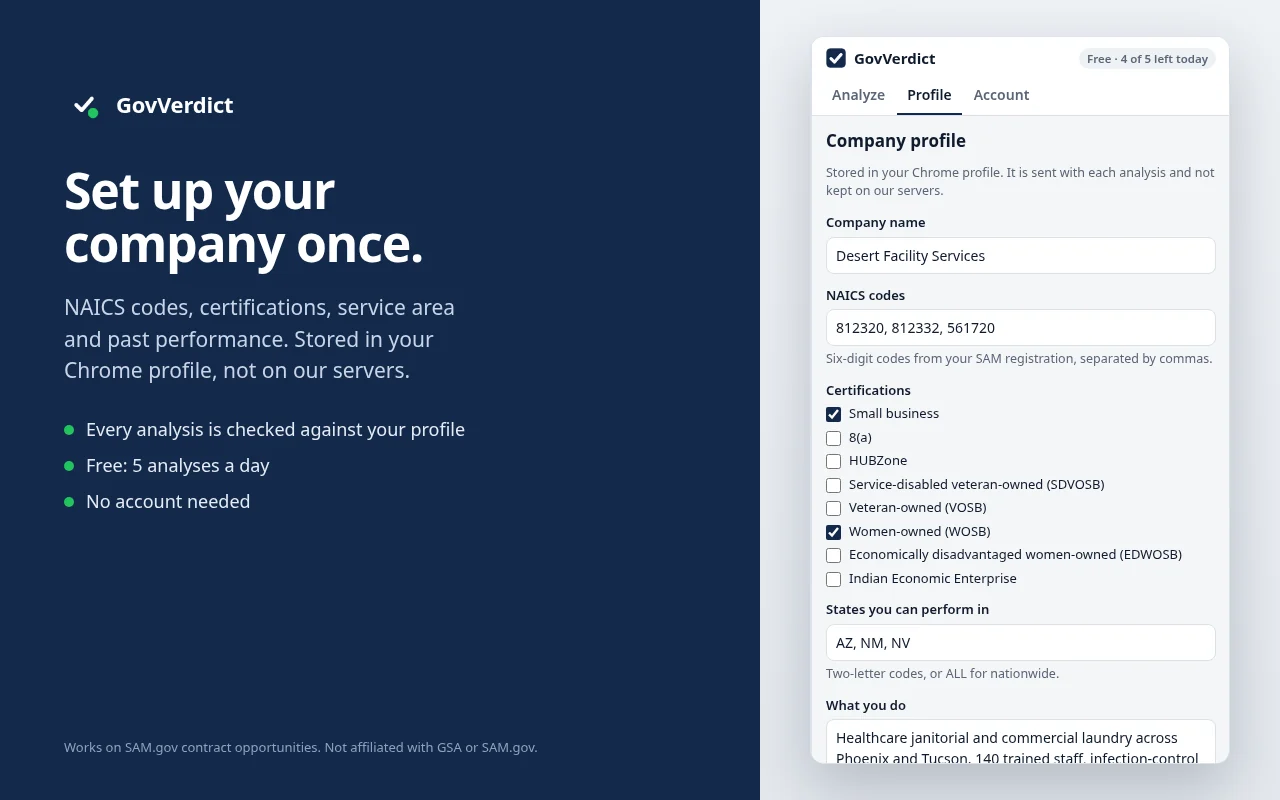 Set up your company once. GovVerdict side panel screenshot